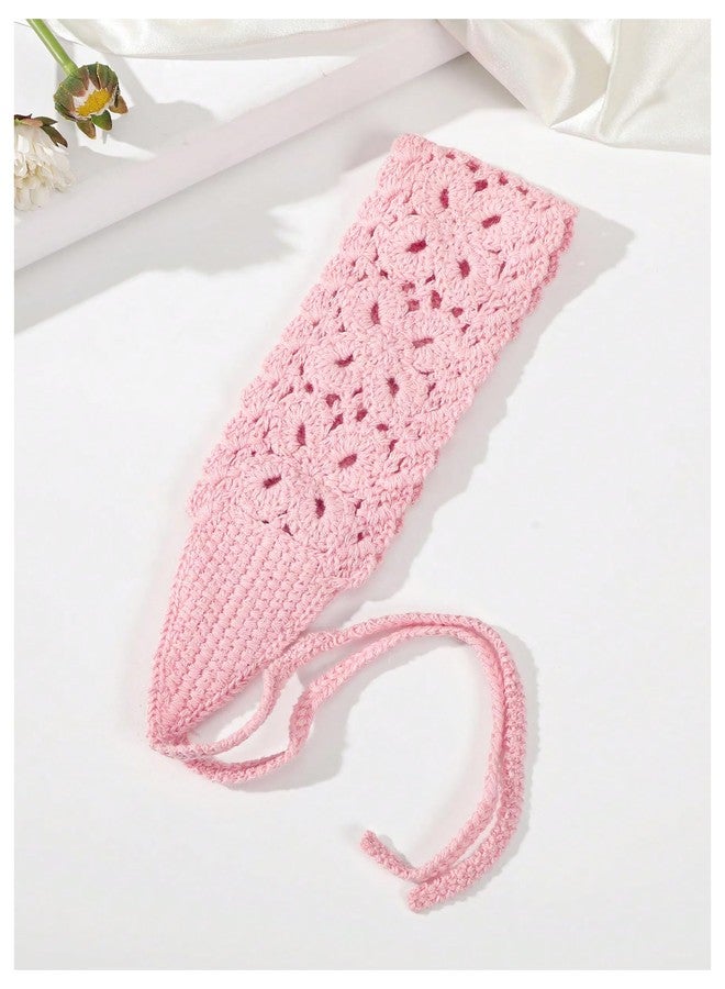 OYOANGLE Women's Boho Crochet Knit Hair Band Vintage Head Wrap Hair Bandanas Head Kerchief Pink One-Size - Image 2